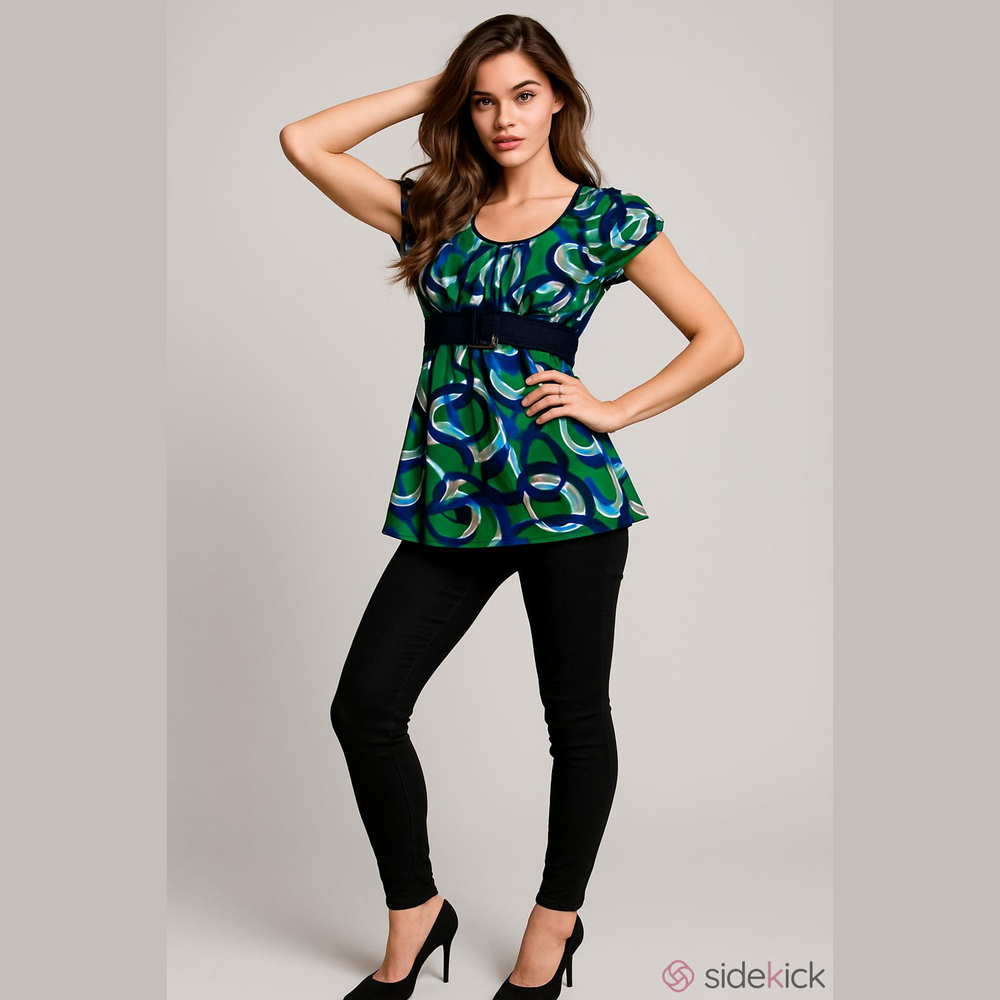 Ally B Abstract, Colorful Belted Blouse, Blue, Green, Green, White, Size L - Picture 17 of 17